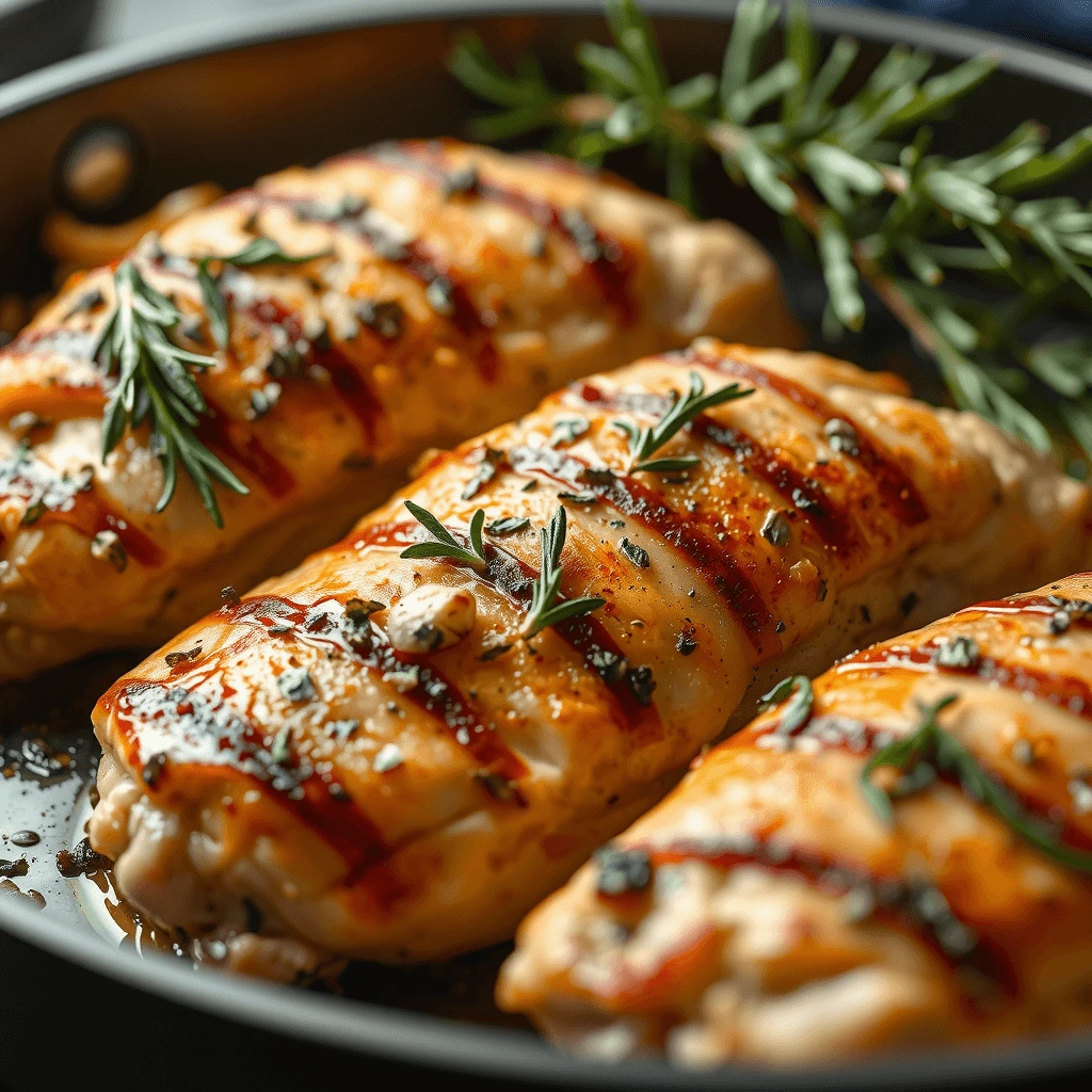 Baked split chicken breasts seasoned with herbs and garlic, garnished with fresh herbs on a roasting tray.