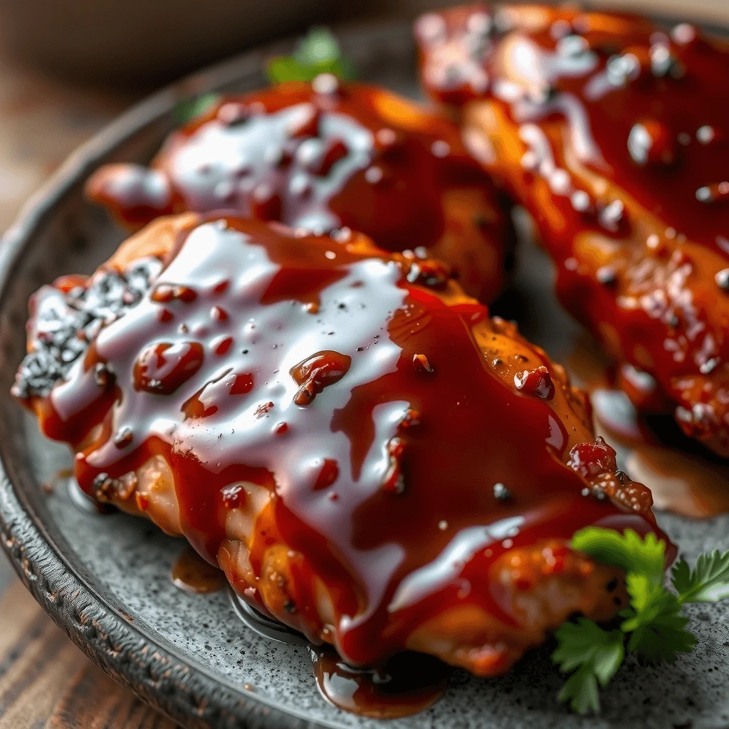 BBQ chicken breasts glazed with a sweet and tangy barbecue sauce, garnished with fresh herbs.