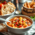 A bowl of Olive Garden’s Minestrone Soup filled with vegetables, pasta, and a rich broth.