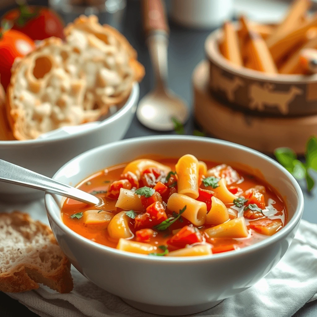 A bowl of Olive Garden’s Minestrone Soup filled with vegetables, pasta, and a rich broth.