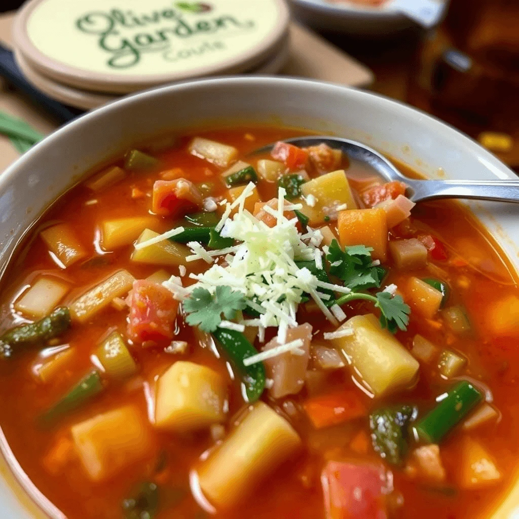A close-up of Olive Garden’s Minestrone Soup featuring a colorful mix of vegetables and pasta in a rich broth.