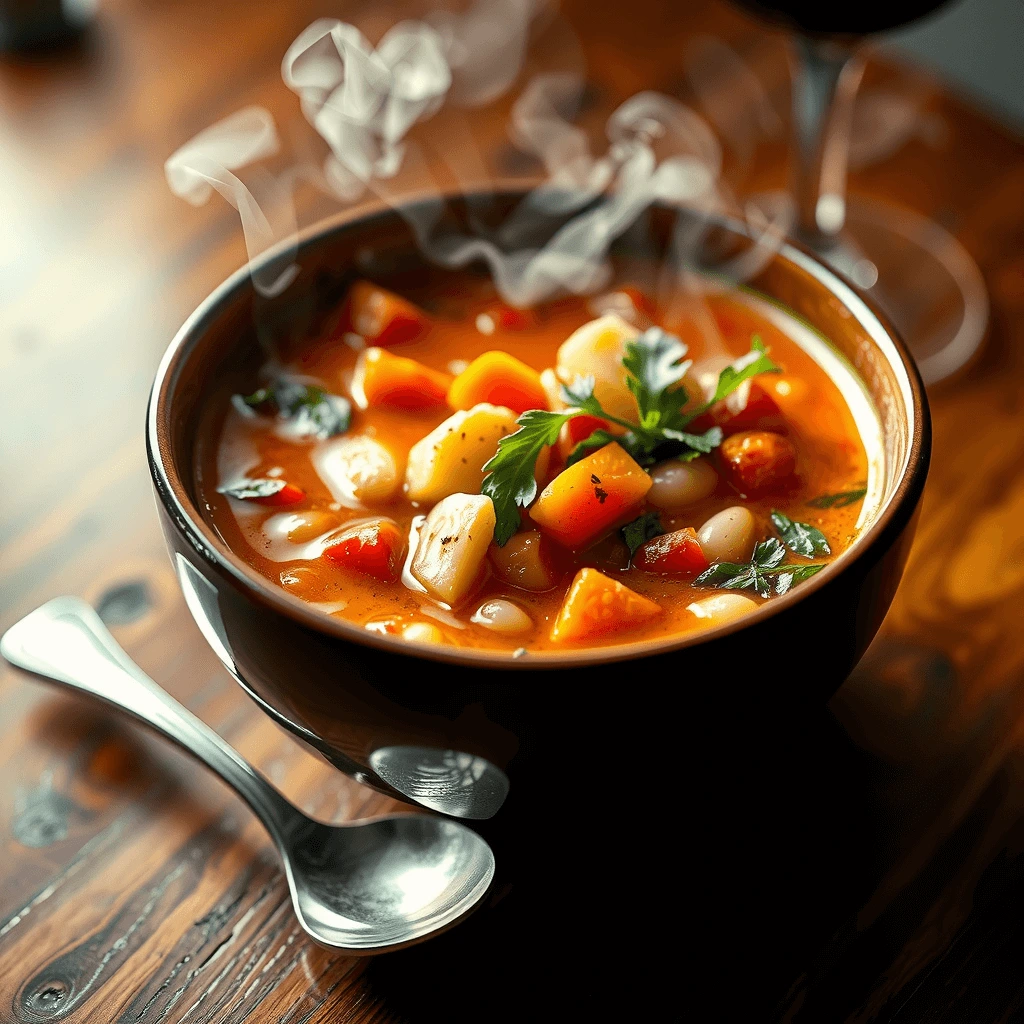 A steaming bowl of Olive Garden’s Minestrone Soup with colorful vegetables, pasta, and a savory broth.