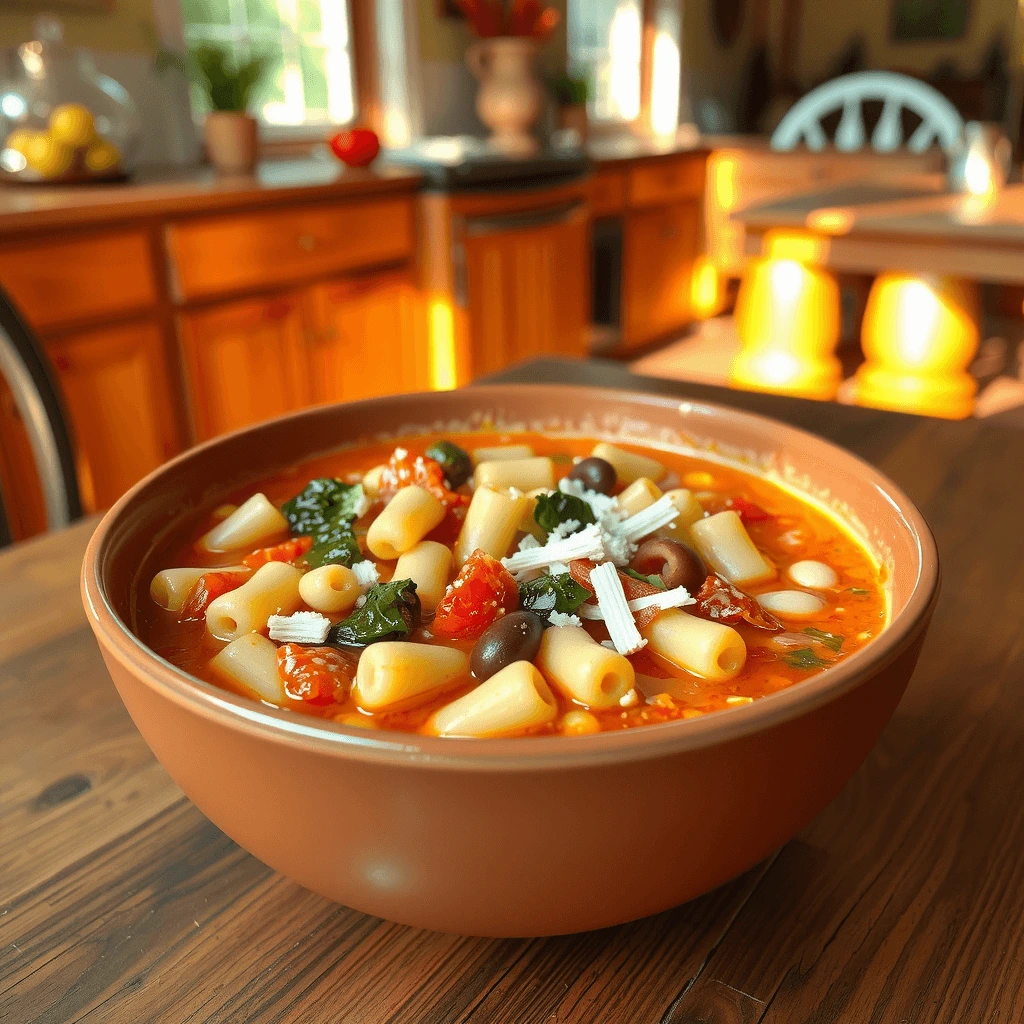 A delicious bowl of Olive Garden’s Minestrone Soup, showcasing a hearty mix of vegetables, beans, and pasta in a rich broth.