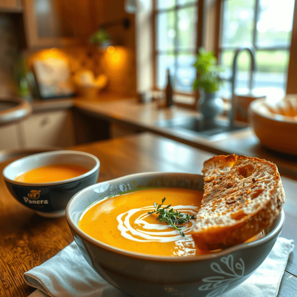 A steaming bowl of Panera’s butternut squash soup garnished with a drizzle of cream and a sprinkle of herbs.