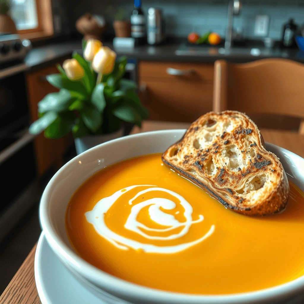 A close-up shot of Panera's Butternut Squash Soup served in a white bowl with a side of artisan bread.