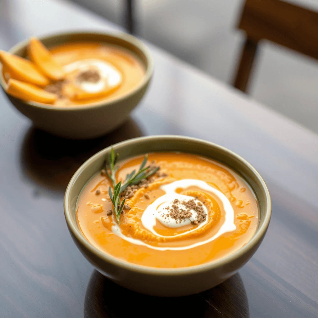 A bowl of Panera's creamy Butternut Squash Soup, with a rich orange hue, garnished with a dash of pepper and served with a crusty bread roll.