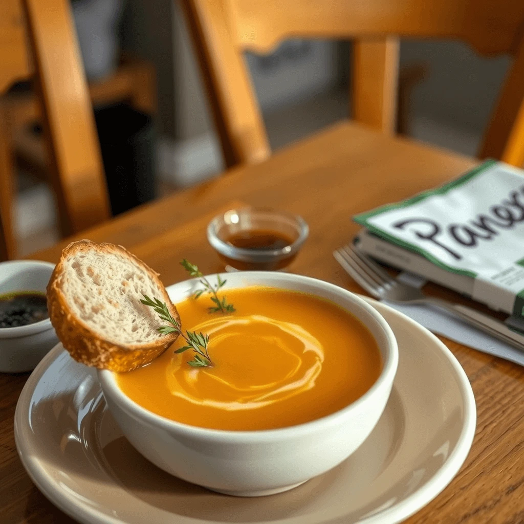A bowl of Panera’s Butternut Squash Soup served with a sprinkle of cinnamon and a side of warm, toasted bread.