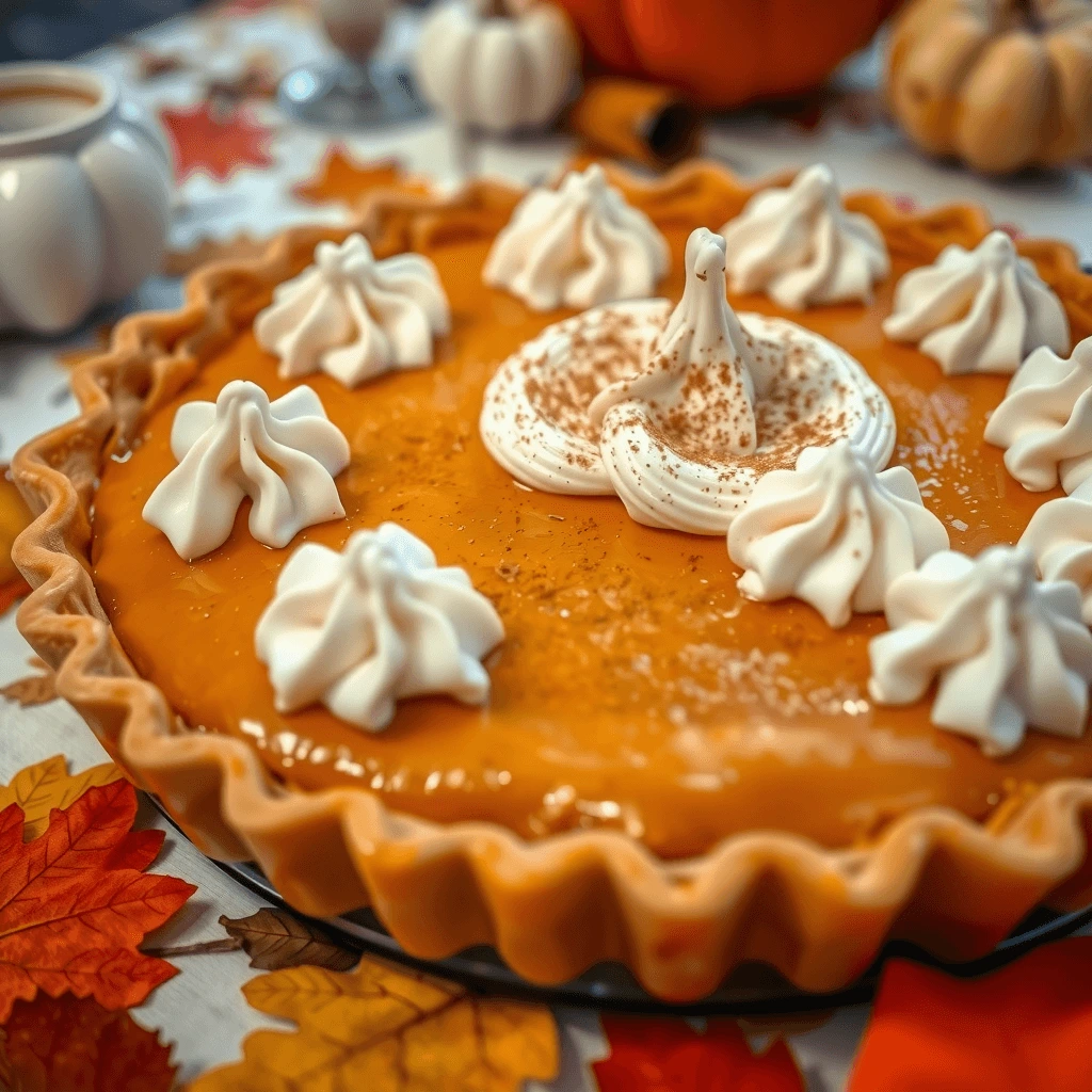 A freshly baked pumpkin pie made with sweetened condensed milk, topped with a dollop of whipped cream and a sprinkle of cinnamon.