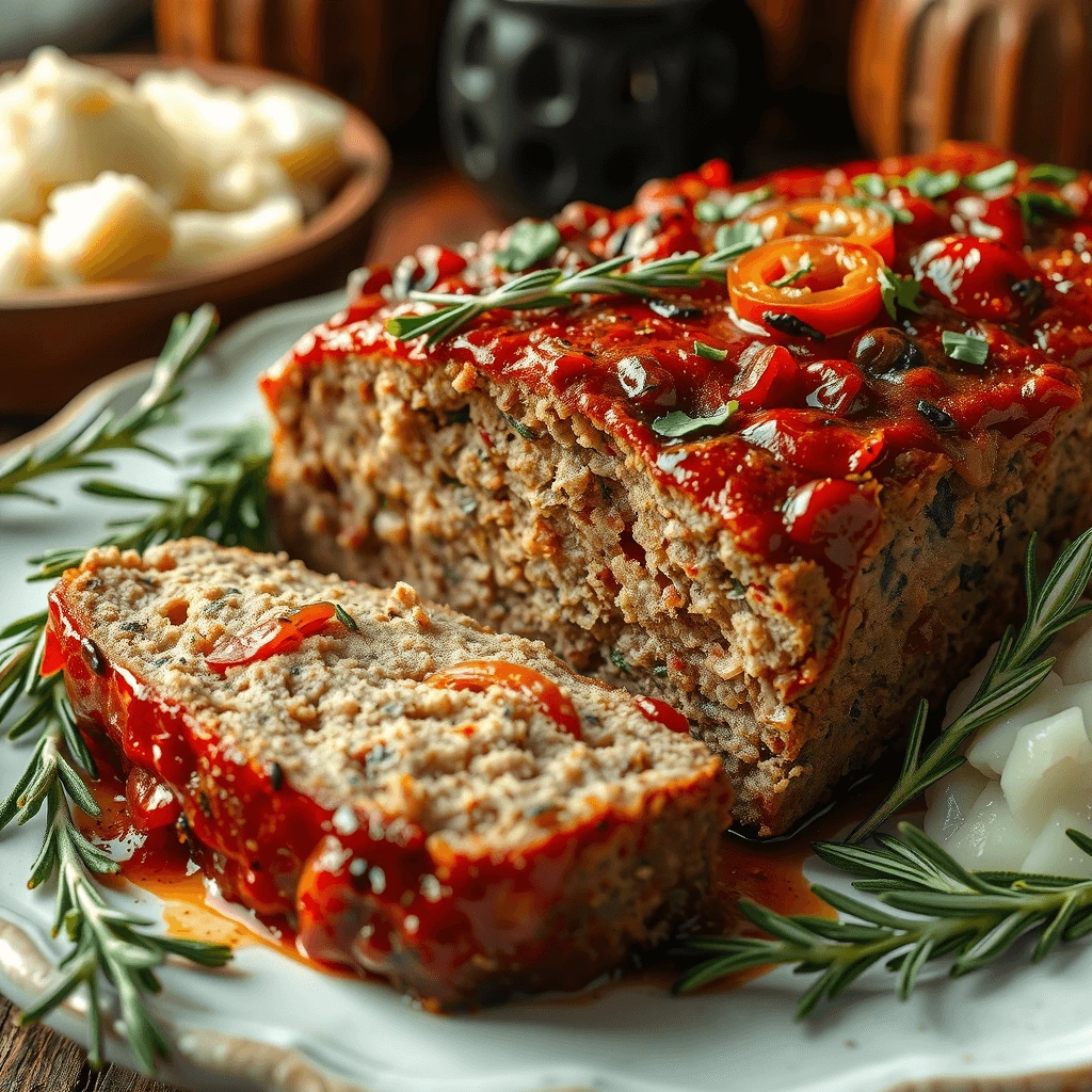 Delicious homemade soul food meatloaf with a savory glaze, served with mashed potatoes and vegetables.