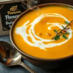 A bowl of Panera's creamy butternut squash soup with a slice of freshly baked bread on the side.