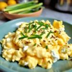 Creamy cottage cheese scrambled eggs served with a sprinkle of fresh herbs.