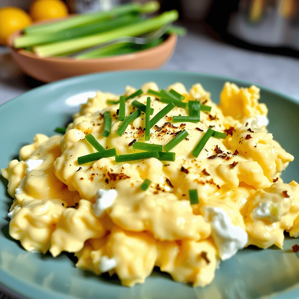 Creamy cottage cheese scrambled eggs served with a sprinkle of fresh herbs.
