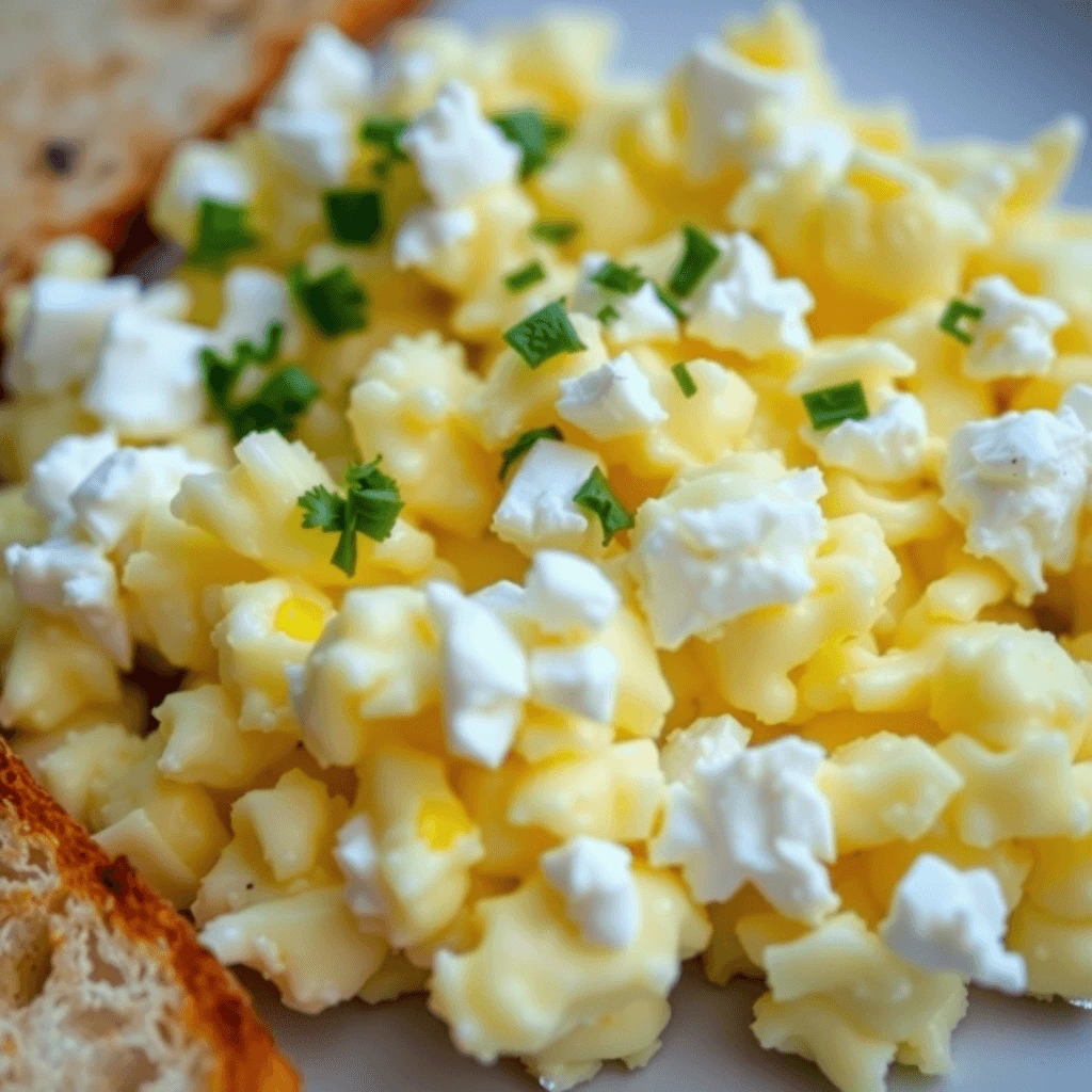 Creamy scrambled eggs with cottage cheese served in a bowl, garnished with fresh herbs.