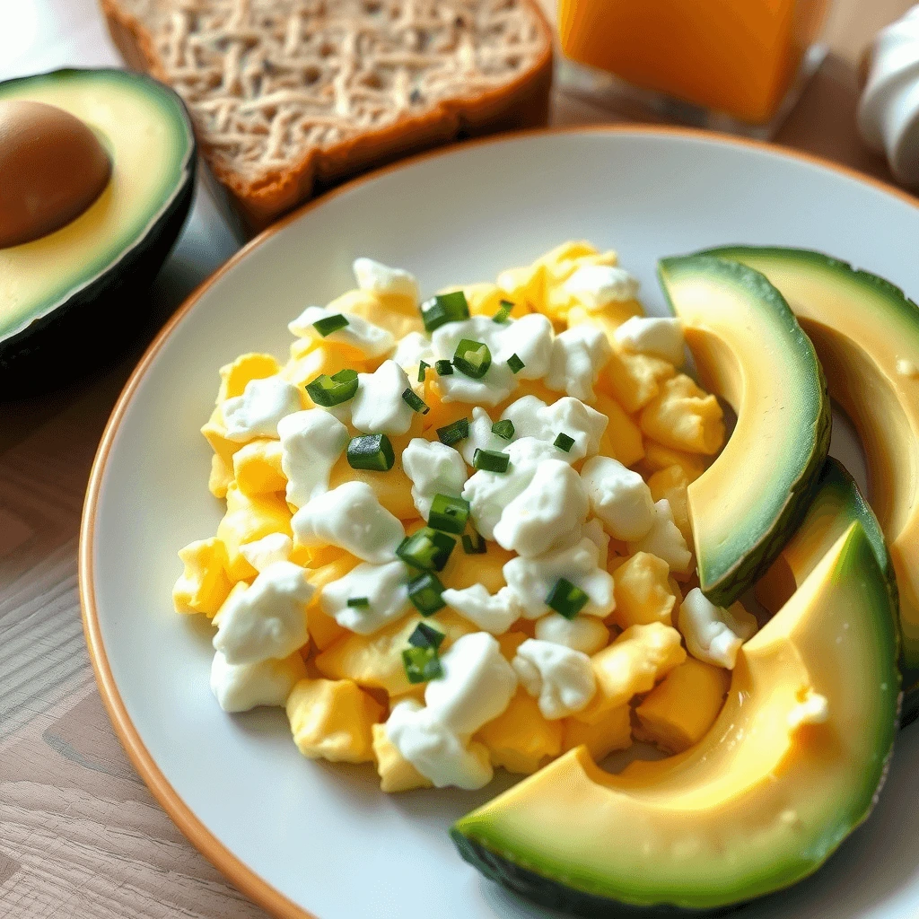 Fluffy cottage cheese scrambled eggs served on a plate with a sprinkle of black pepper.