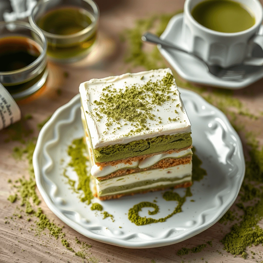 Delicious and creamy matcha tiramisu dessert with layers of green tea flavor, mascarpone, and cocoa powder.