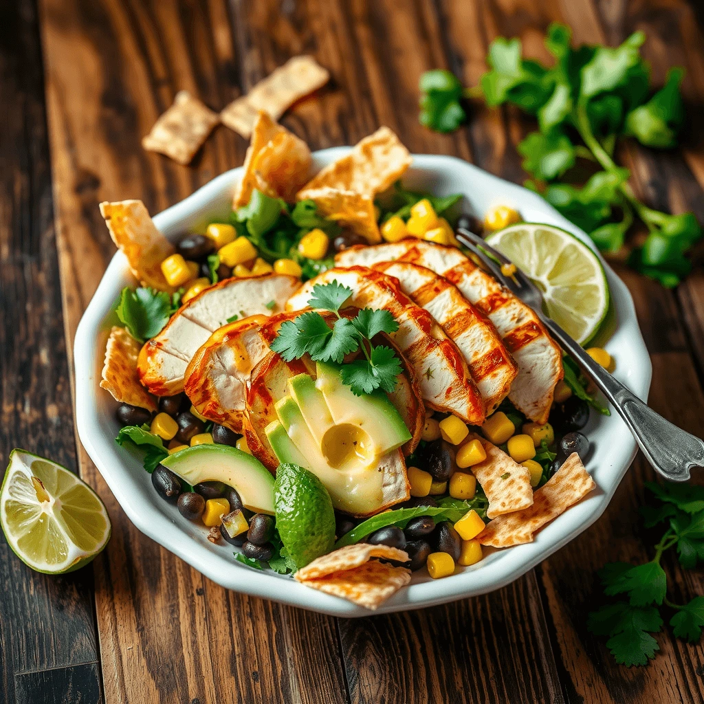 Colorful Mexican chicken salad with grilled chicken, lettuce, tomatoes, corn, avocado, and a sprinkle of cheese.