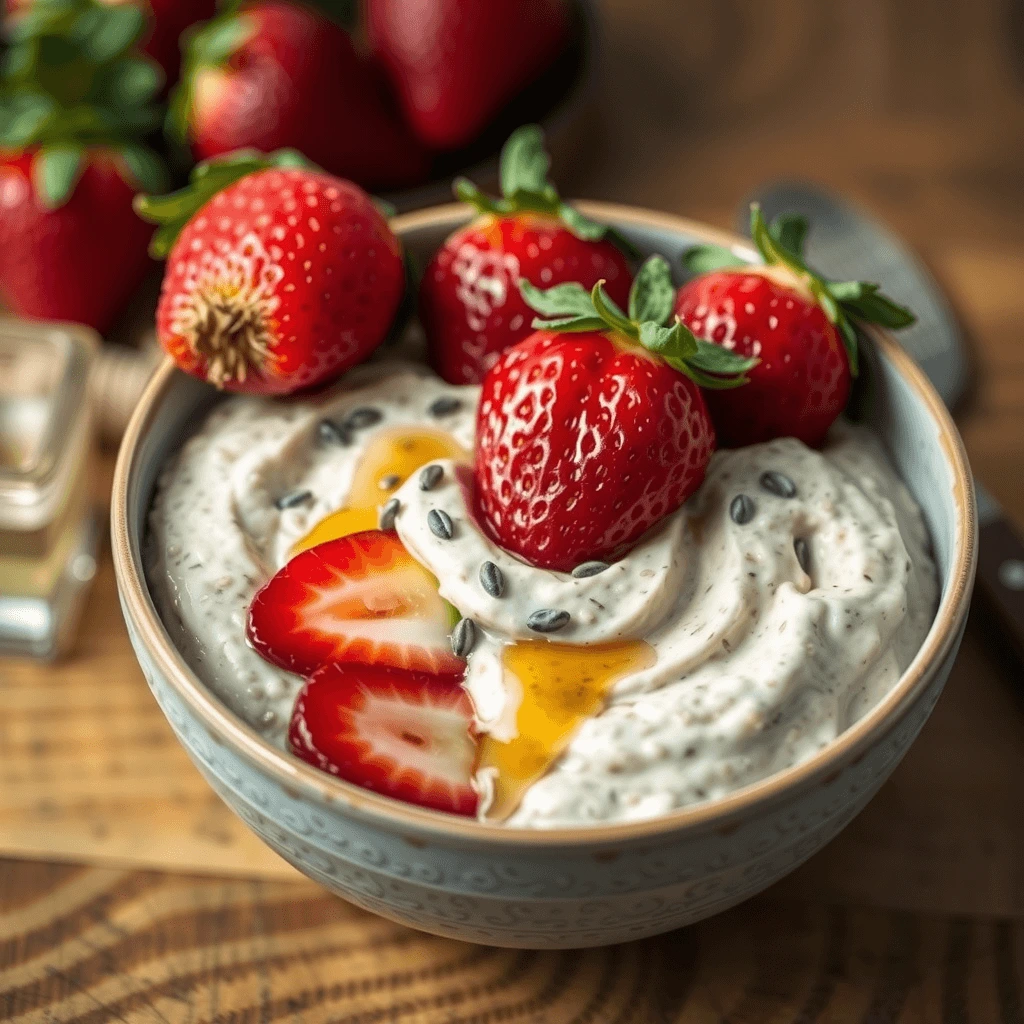 A bowl of creamy mush overnight oats topped with fresh berries, chia seeds, and a drizzle of honey, ready for a healthy breakfast.