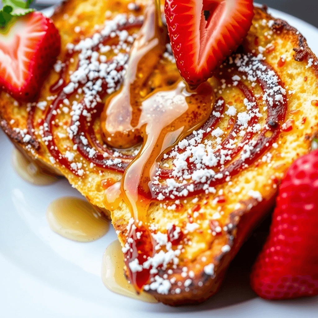 Golden-brown slices of sourdough French toast topped with syrup, fresh berries, and powdered sugar.