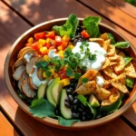 Fresh Southwest chicken salad with grilled chicken, avocado, corn, and black beans in a vibrant bowl.