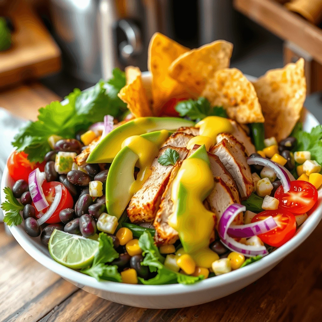 Southwest chicken salad with corn, black beans, avocado, and grilled chicken.