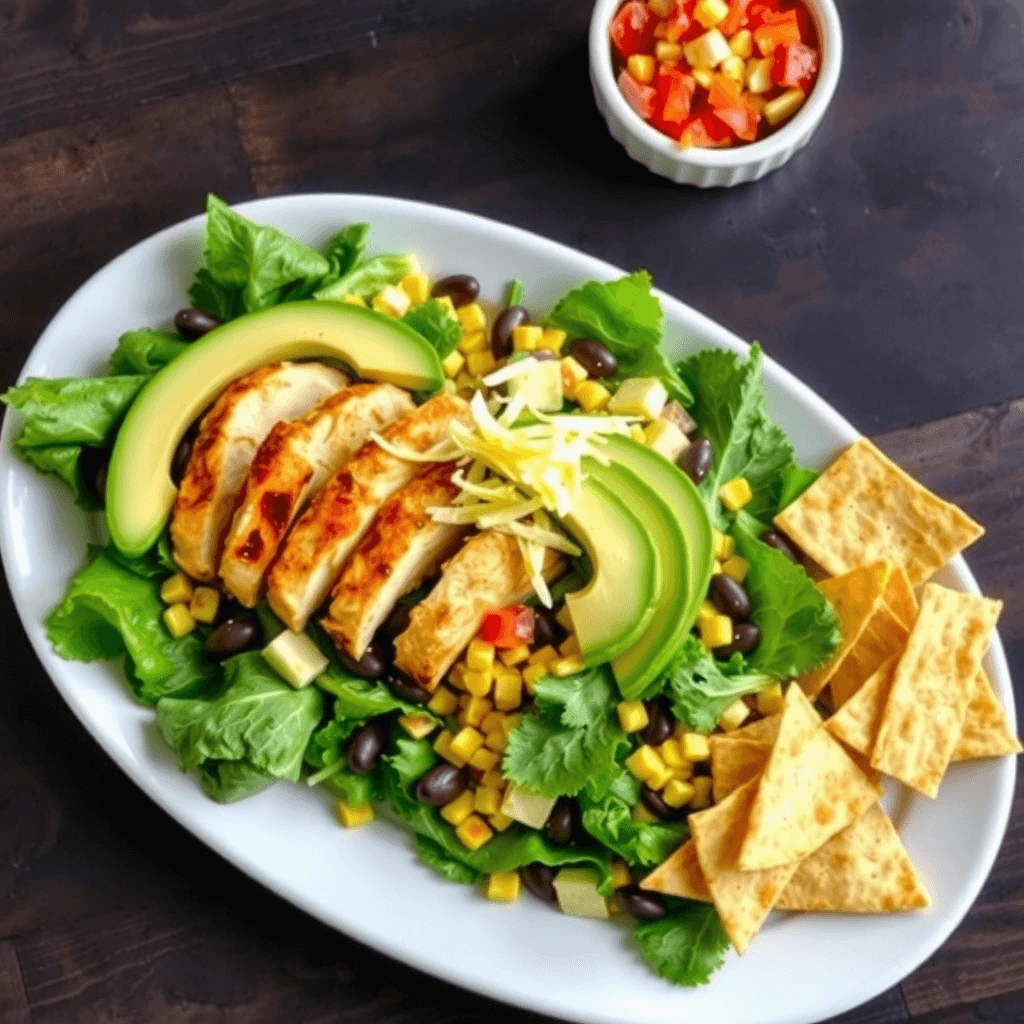 Southwest chicken salad with avocado, grilled chicken, fresh veggies, and a creamy dressing.