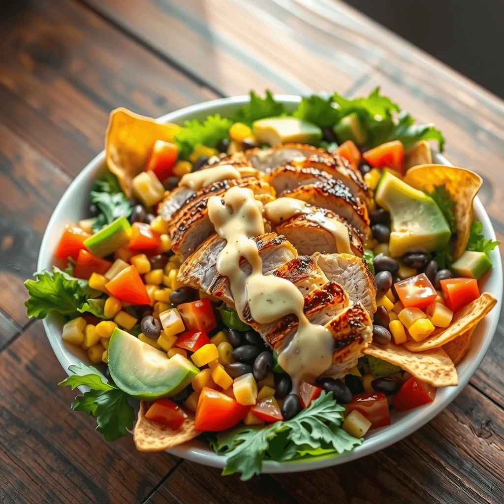 Healthy Southwest chicken salad with mixed greens, grilled chicken, corn, black beans, and a cilantro lime dressing.