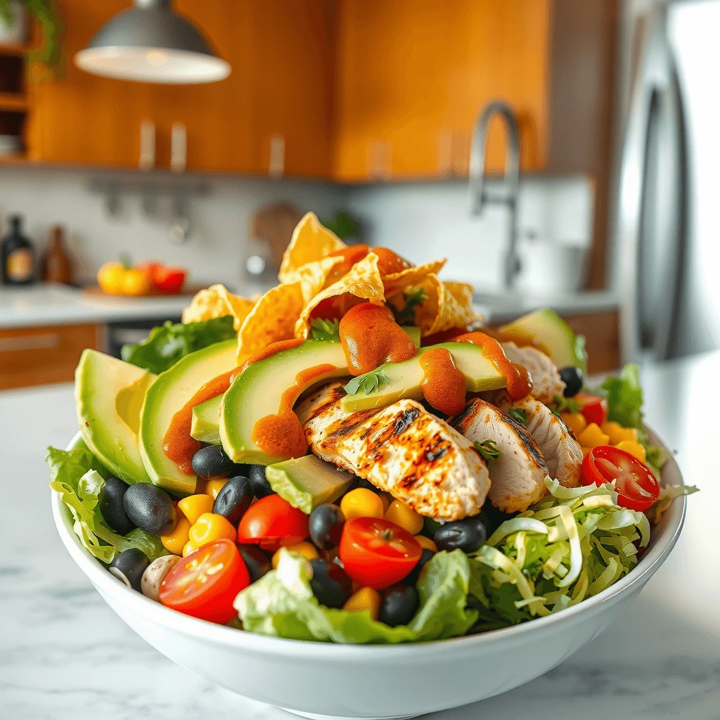 Southwest Chicken Salad with fresh vegetables, avocado, and cilantro-lime dressing.