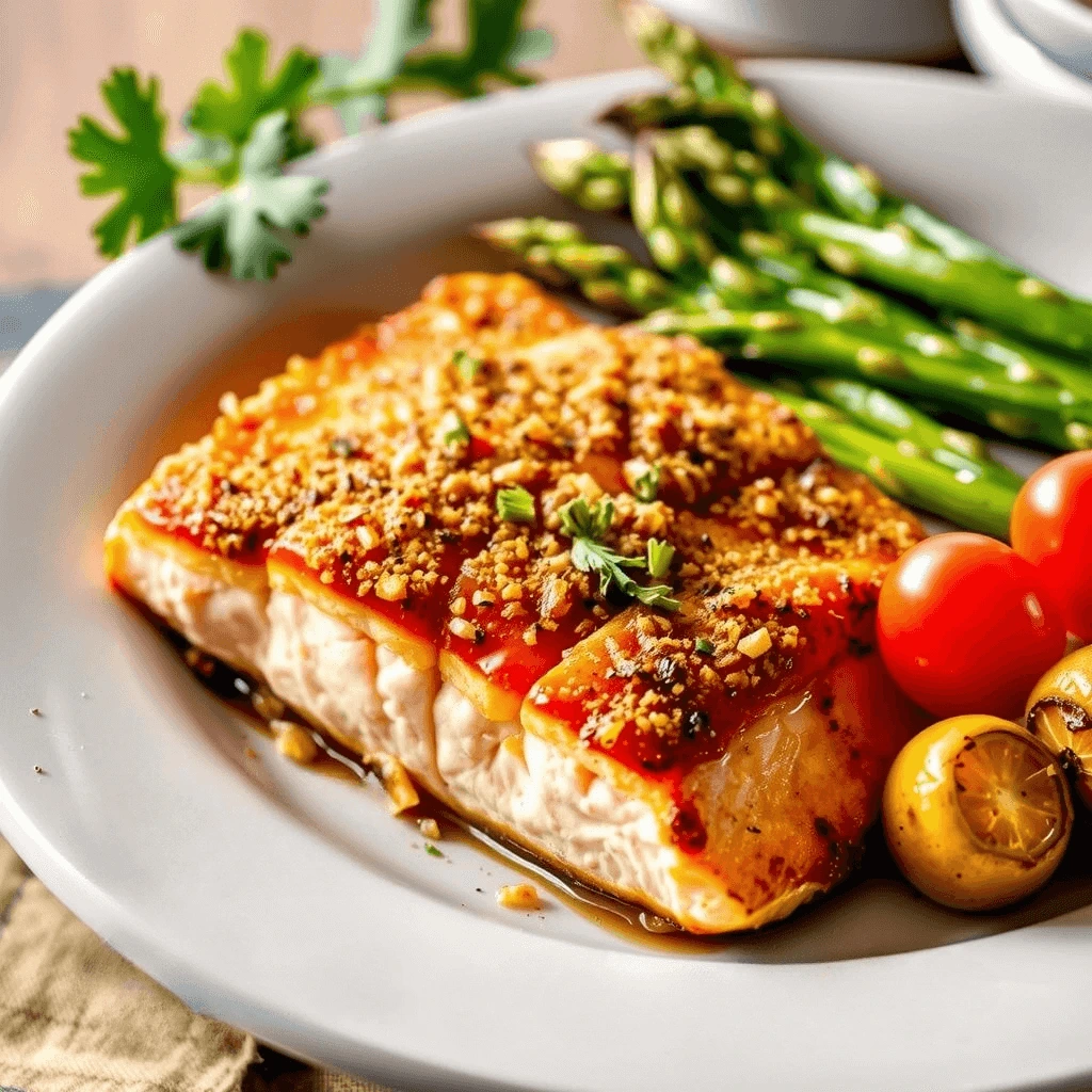 Baked salmon fillet with unique seasonings and toppings, served with fresh herbs and citrus.
