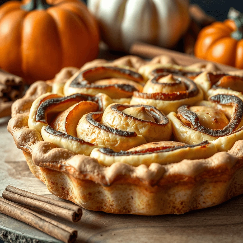 A warm, freshly baked cinnamon roll apple pie with a golden, flaky crust and a sweet, spiced apple filling.