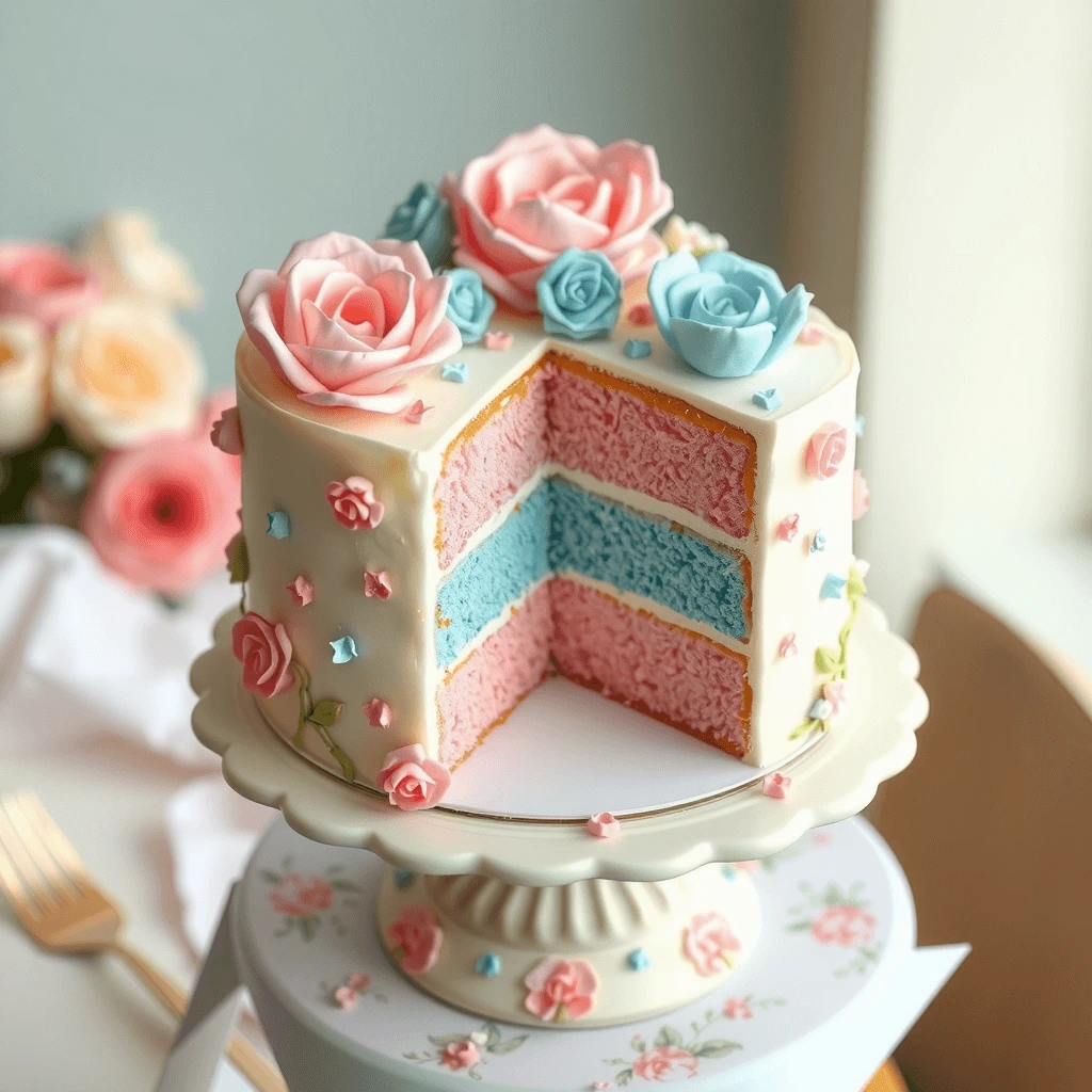 Gender reveal cake with pink and blue layers, decorated with icing and a surprise inside to reveal the baby's gender.