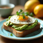 A slice of whole-grain toast topped with mashed avocado, a poached egg, cherry tomatoes, and a sprinkle of seeds, served on a ceramic plate.