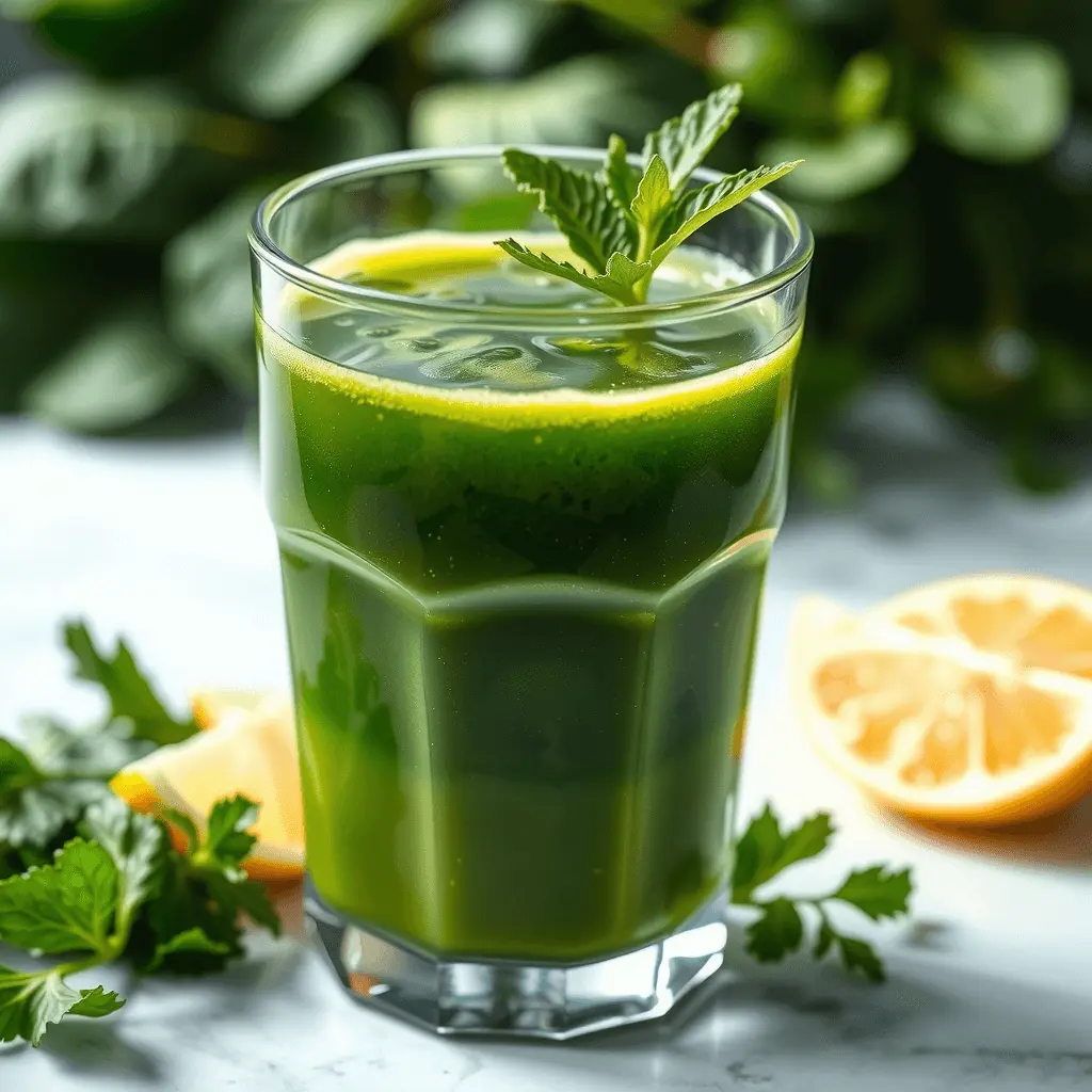 A vibrant green detox juice in a glass, surrounded by fresh kale, cucumber, celery, and a slice of lemon, placed on a wooden countertop.