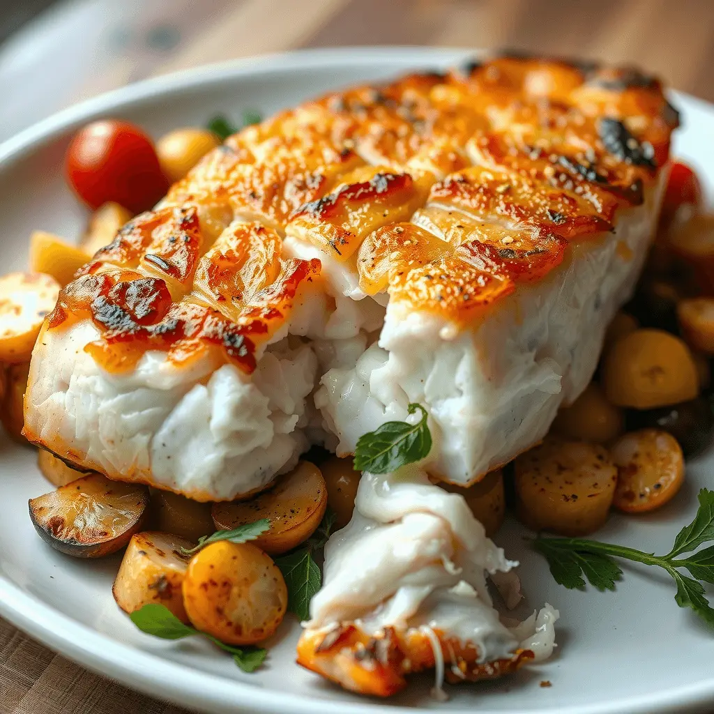 Baked swordfish fillets served with golden-brown baked potatoes and a side of fresh vegetables.