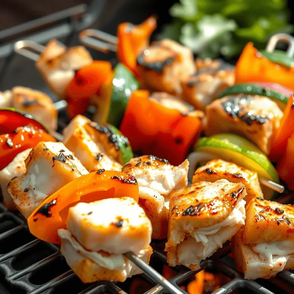 Grilled swordfish skewers with colorful vegetables, served on a platter.