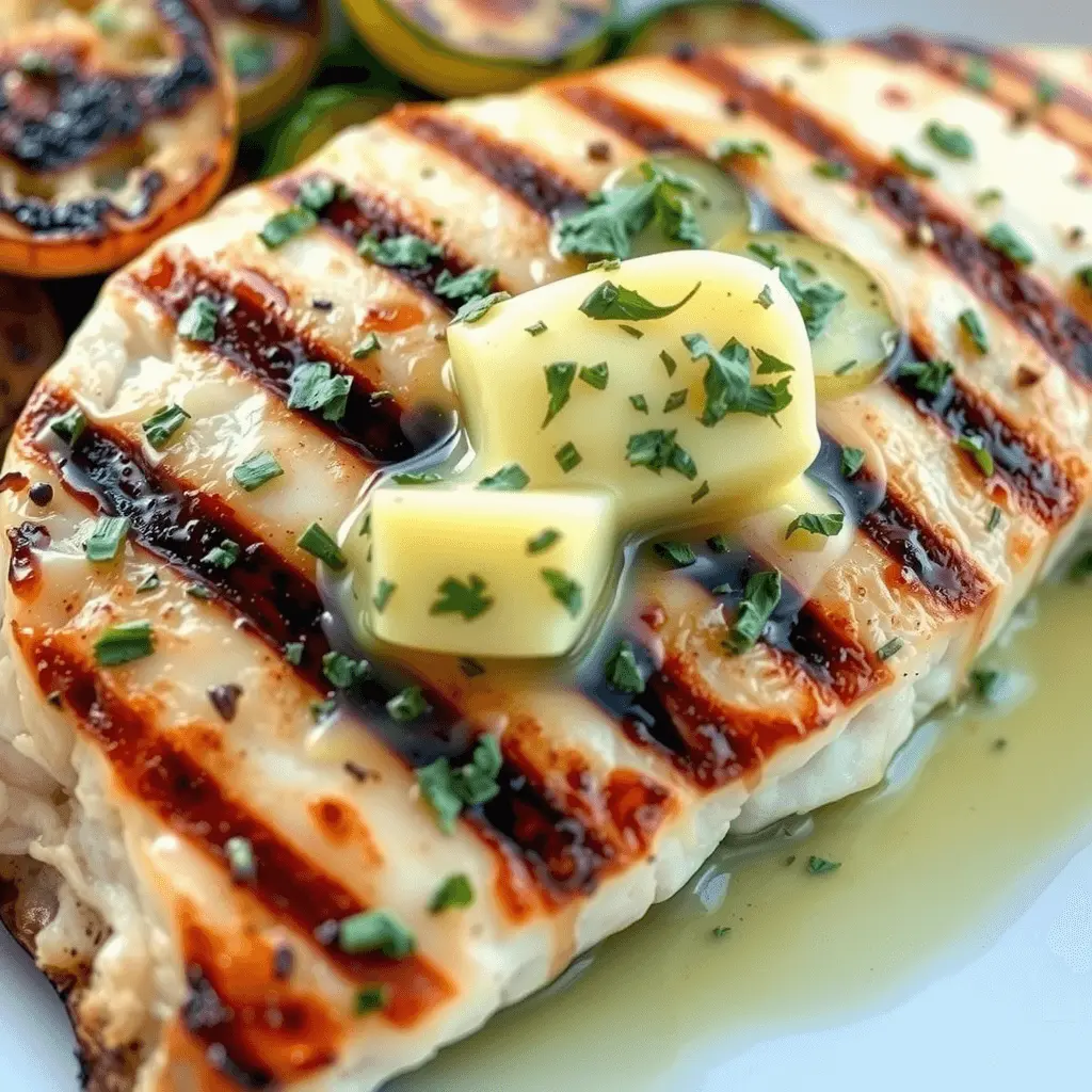 Grilled swordfish steak topped with herb butter, served on a plate with lemon wedges and fresh herbs.