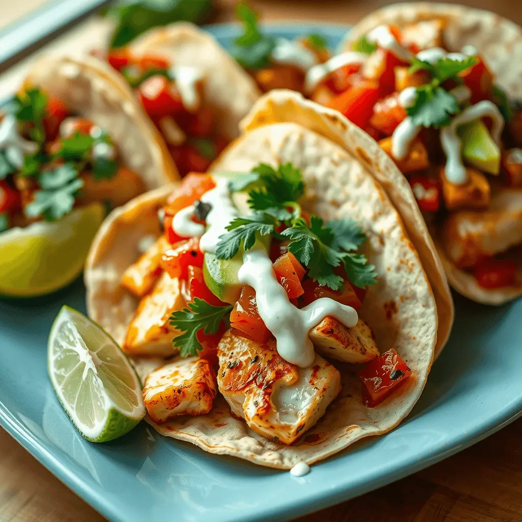 Fresh swordfish tacos with a tangy slaw, avocado, and salsa on soft corn tortillas, garnished with cilantro and lime wedges.