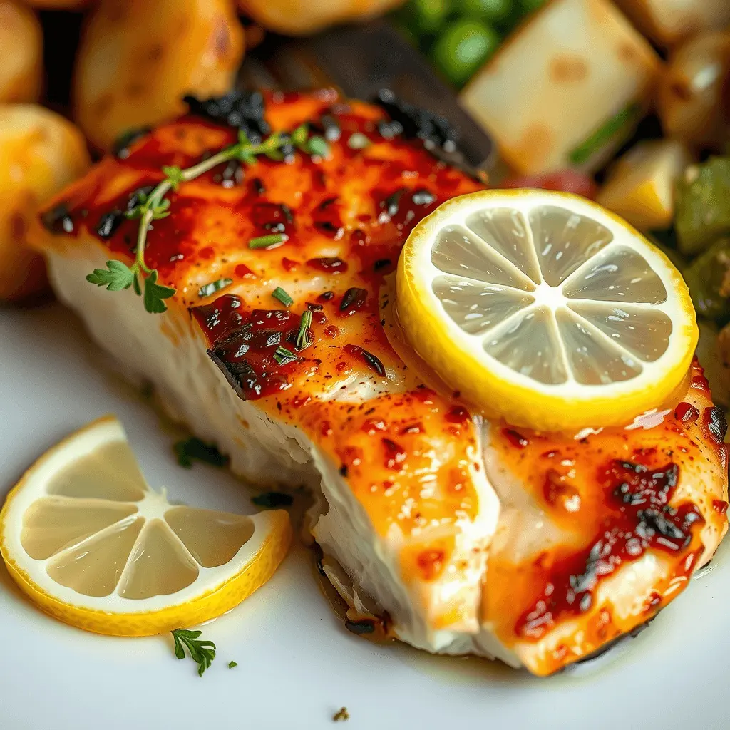 Pan-seared swordfish fillets with a golden crispy crust, served with fresh herbs and a slice of lemon.