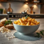 A bowl of creamy mac and cheese, topped with a golden, crispy crust, showcasing Tini's delicious recipe.