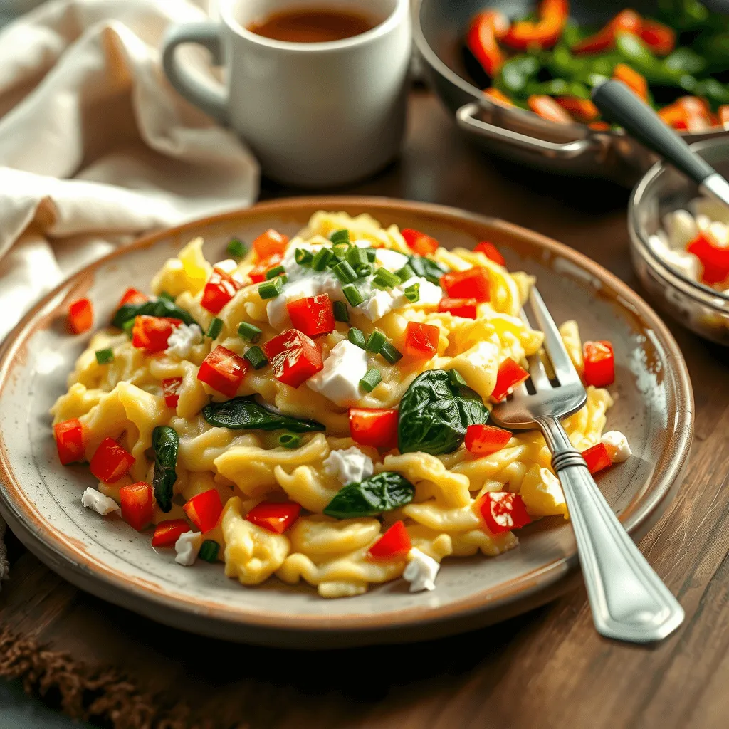 Scrambled eggs mixed with cottage cheese, fresh spinach, and red bell pepper