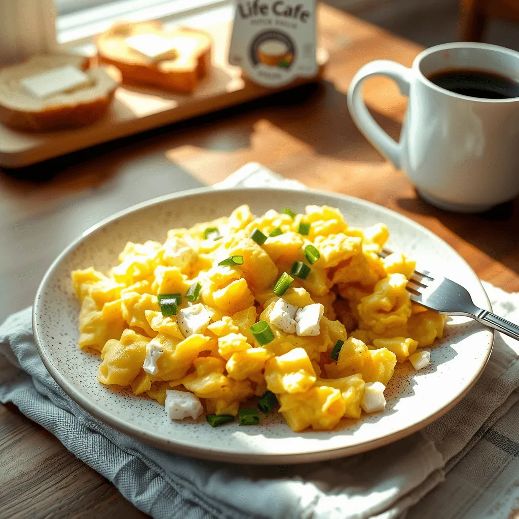 Scrambled eggs with cottage cheese served on a plate, garnished with herbs.