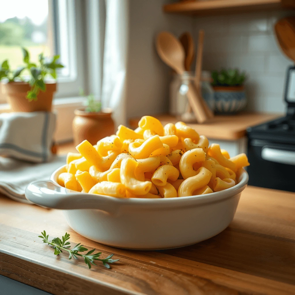 A freshly baked dish of mac and cheese sits on a wooden kitchen counter.